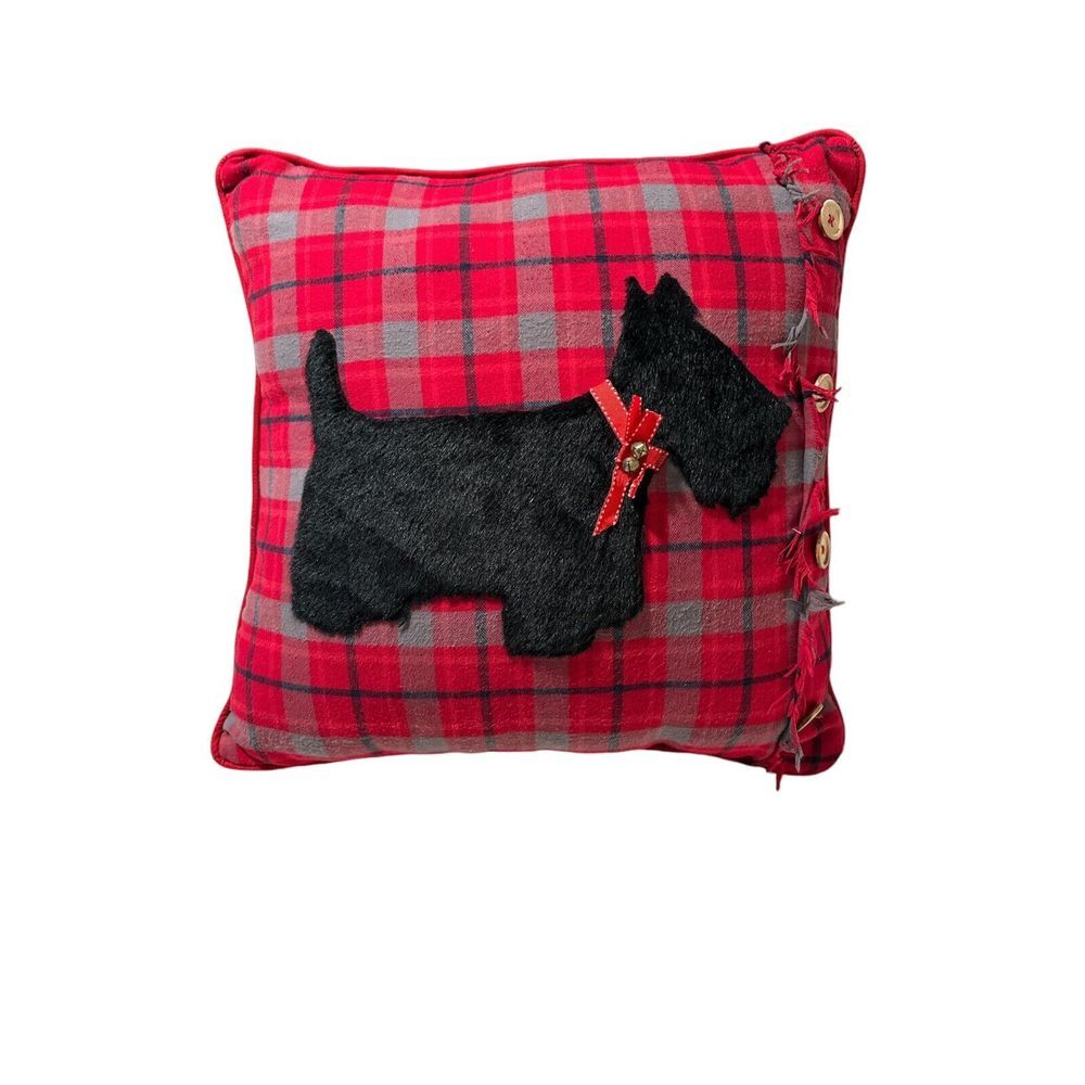 SCOTTIE DOG Decorative Throw Pillow 3D Furry‎ Applique Red Plaid Buttons 18x18